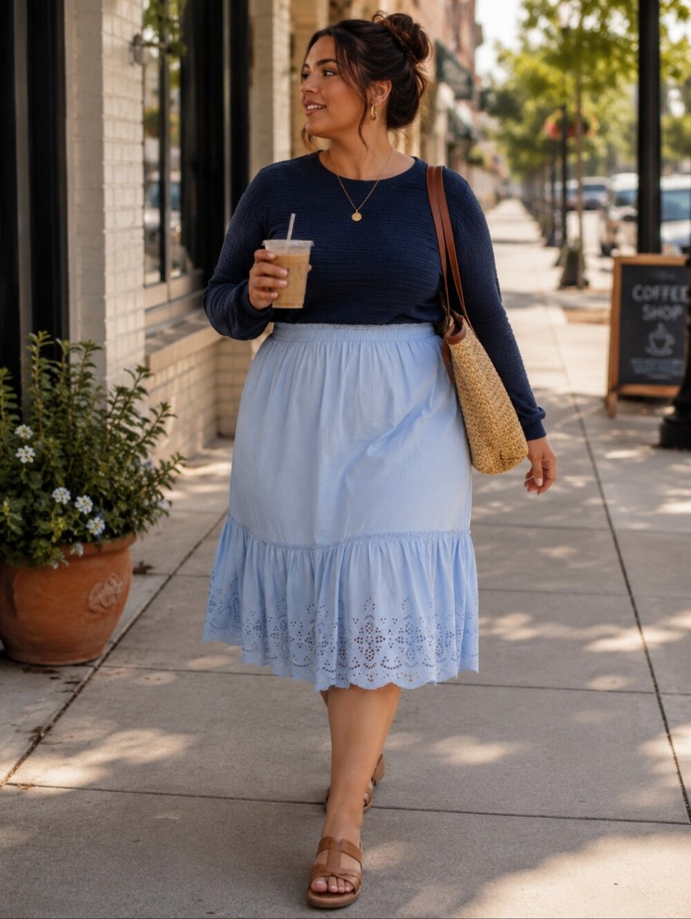 XXXL/22 Light Blue Eyelet Trim Tiered Skirt New